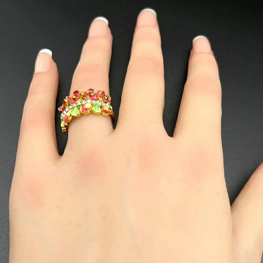 Yellow Gold with Citrine and Diamond Crystal Enamel Leaf and Flower Ring Size 6